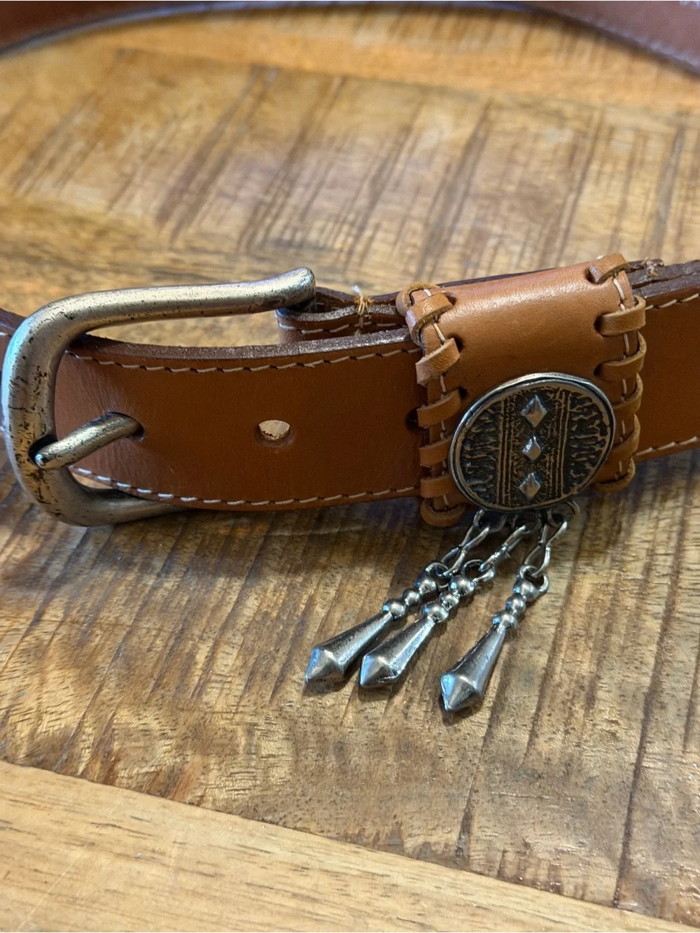 USA Made Brown Leather Belt Southwestern Italian Buckle Embellishment Medium